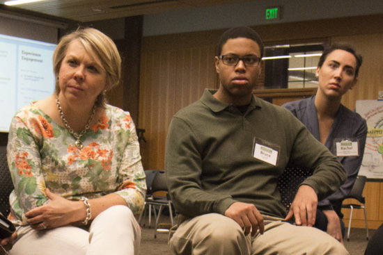 Linda Miller (far left), director of network journalism and inclusion at the Public Insight Network, listens during a breakout session at Experience Engagement. Photo by Emmalee McDonald.